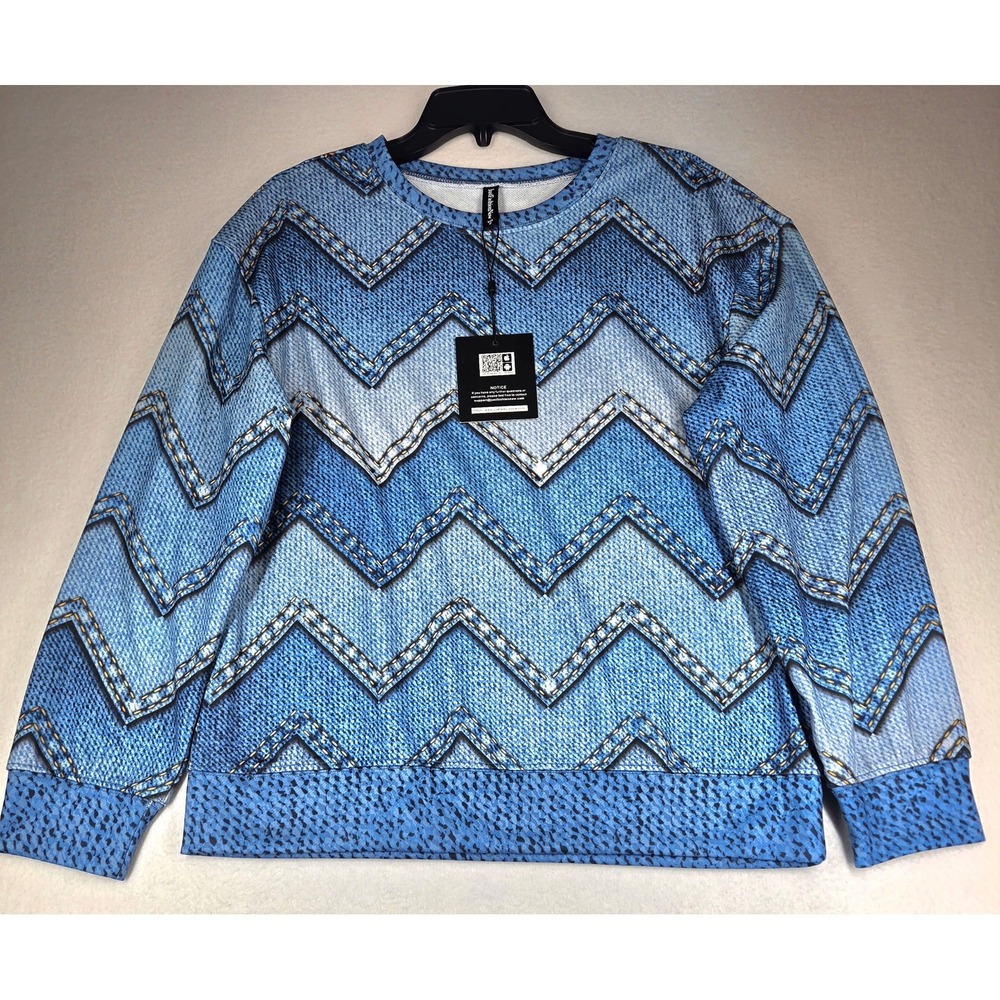 JustFashionNow Womens Sweatshirt Medium M Blue Faux Denim Chevron Graphic NWT